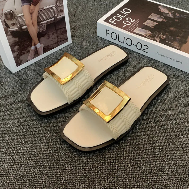 Women's flat summer slippers in apricot, black or khaki with PVC soles