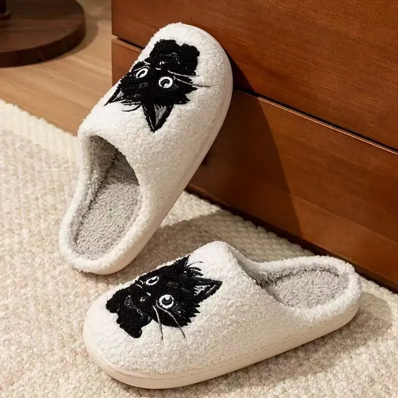 White plush cartoon black beard cat couple cotton slippers for adults with non-slip soles.
