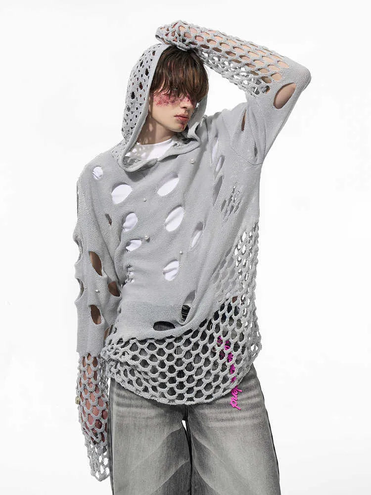 Black men's hooded sweater with pearl decoration and loose fit for spring
