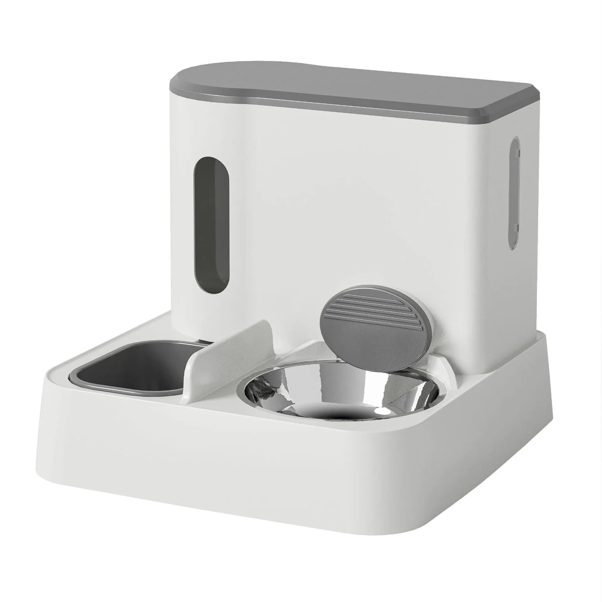 Automatic cat feeder and water dispenser with integrated double bowl in grey, green, or yellow