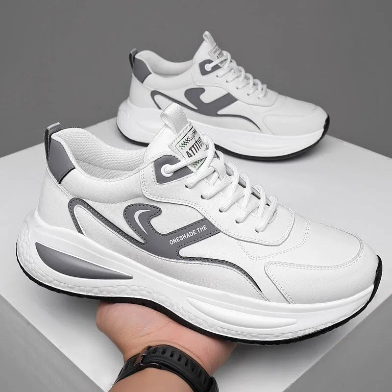 Men's leather casual white shoes low top outdoor mountaineering PVC sole front lace-up round toe solid colour