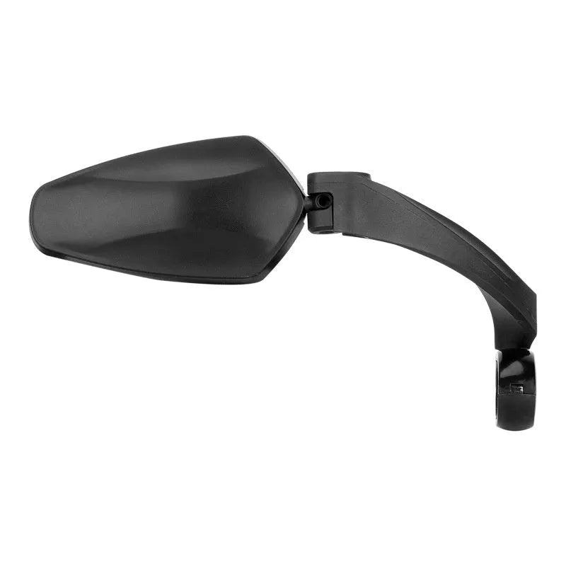 Black rotatable bicycle rearview mirror with large acrylic reflective surface mounted on handlebars.