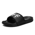 Men's black personalised open toe slippers with rubber sole showing size options