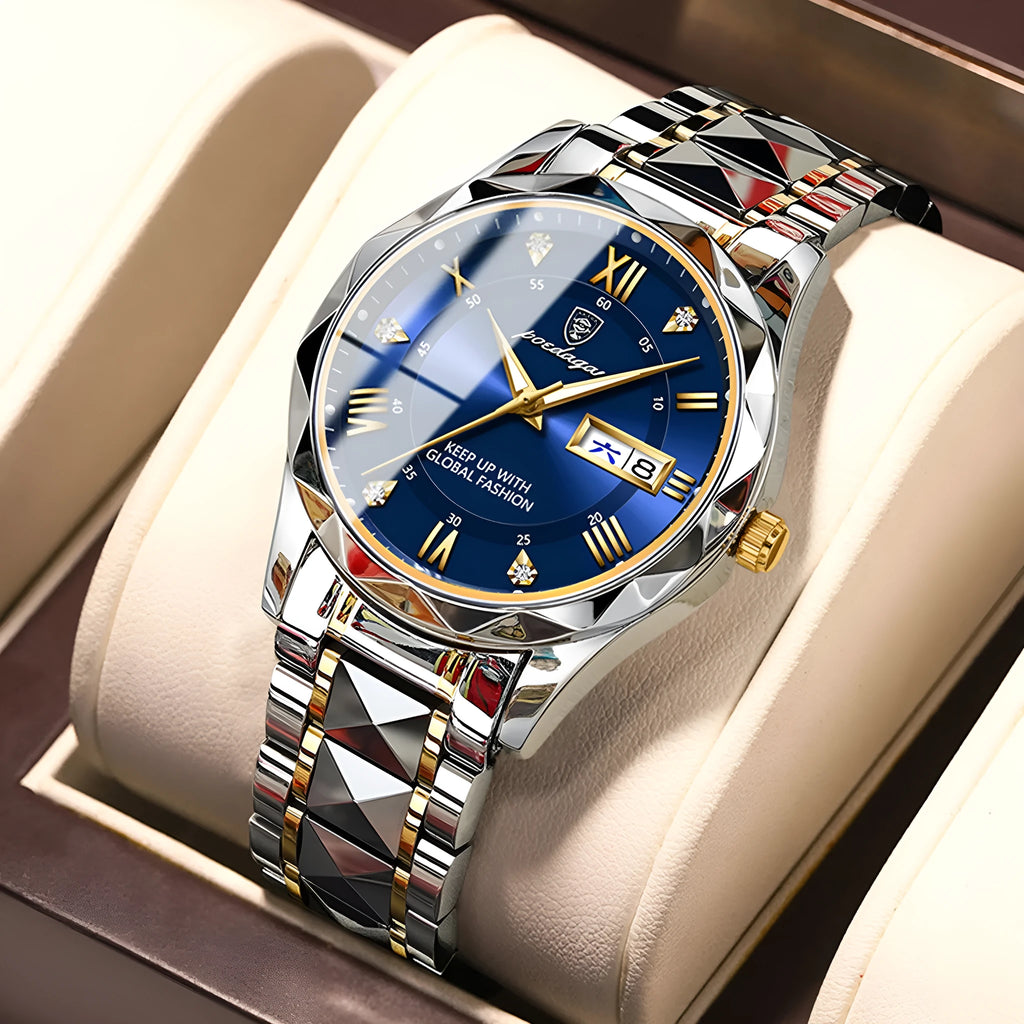 Men's waterproof double calendar luminous quartz watch with stainless steel strap and black dial