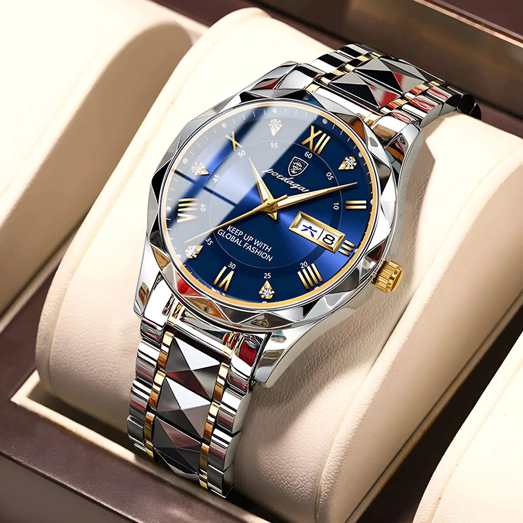 Men's waterproof double calendar luminous quartz watch with stainless steel strap and black dial