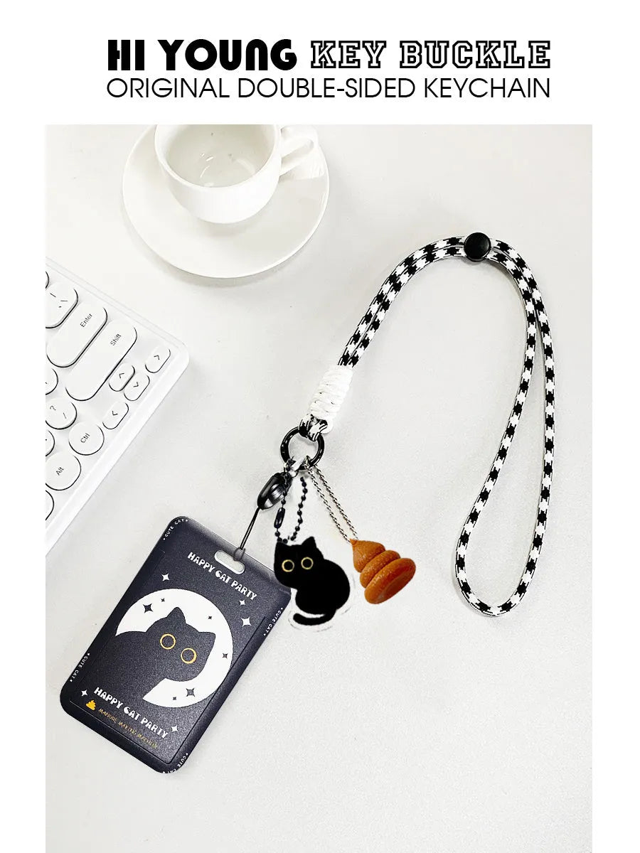 Cartoon black cat design plastic card sleeve holder with metal keychain clip