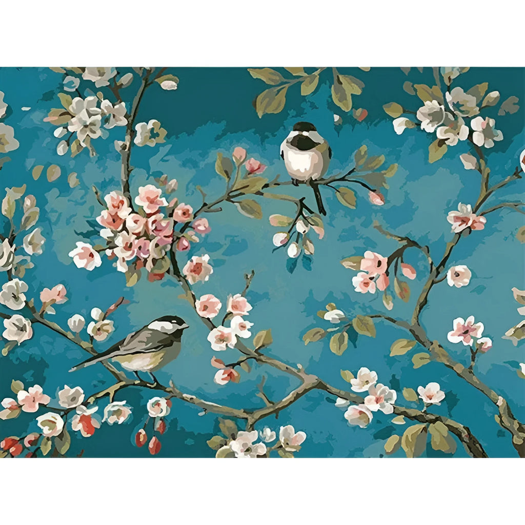 Hand-painted abstract oil painting of blue flowers and birds on linen canvas 40x50cm