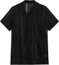 Man modelling a black short-sleeved knitted button shirt with jacquard texture
