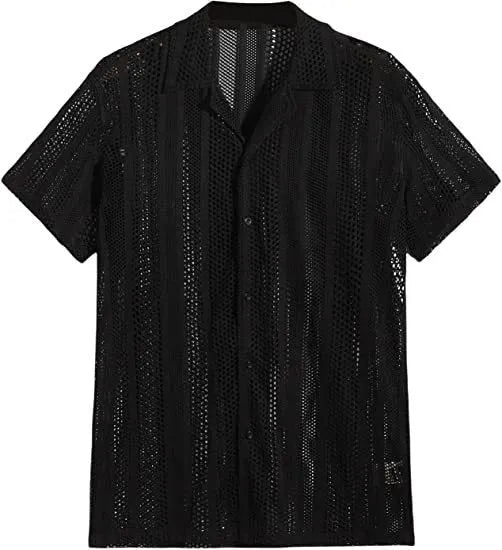 Man modelling a black short-sleeved knitted button shirt with jacquard texture