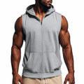 Men's zip-up sleeveless training vest in solid colour with hood and pockets, side view on model