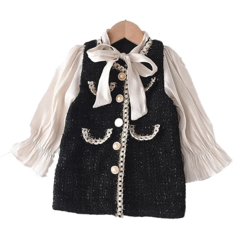 Girls Long Sleeve Princess Dress Polyester Spring Autumn Casual Wear for Middle and Small Children 3-8 Years Old Height 90-140cm Black Stitching Detail