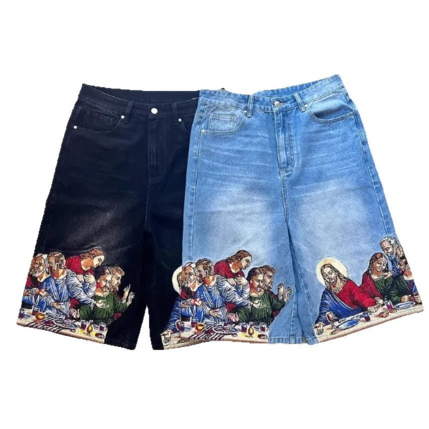 Men's blue cotton shorts with Jesus print on back pocket, tapered design