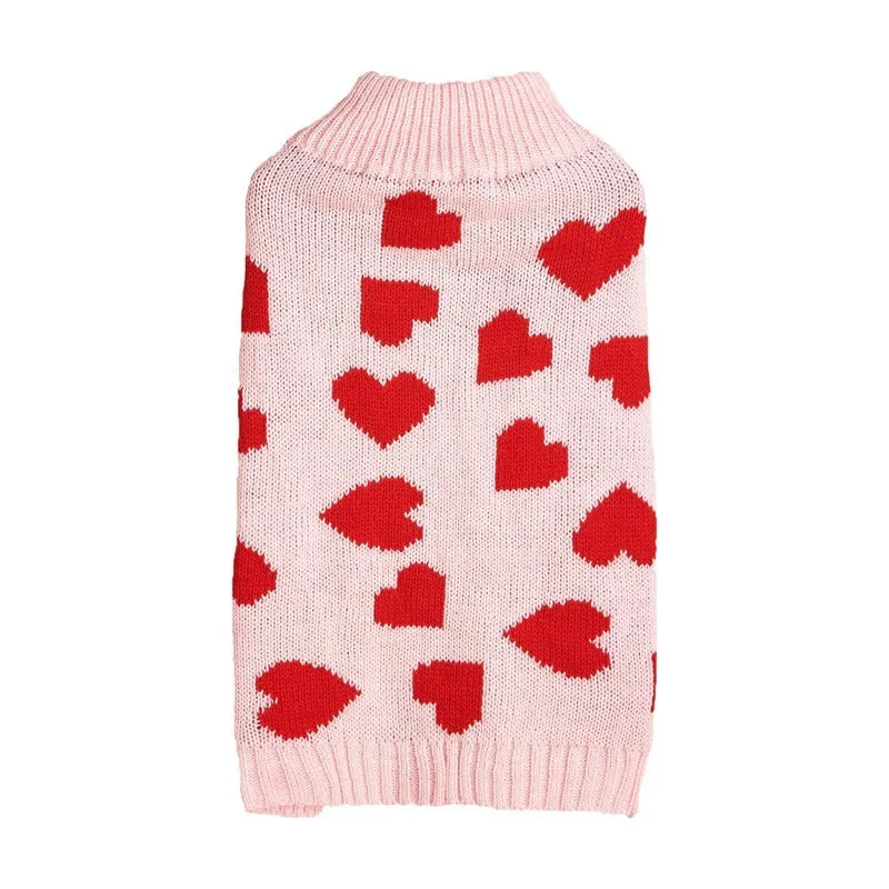 Red love heart design dog sweater with bow detail on acrylic pet clothing