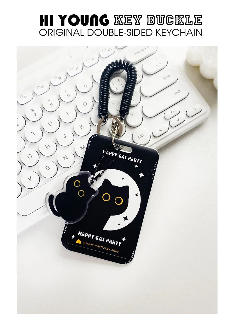 Cartoon black cat design plastic card sleeve holder with metal keychain clip