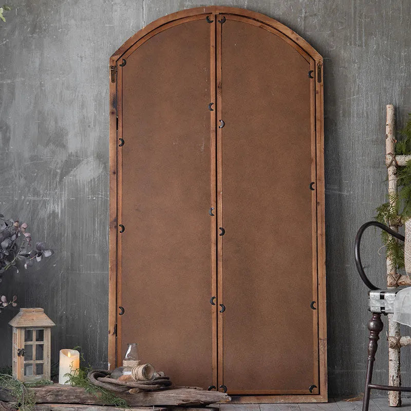 Terrace style distressed wooden frame fake window wall mirror in log colour