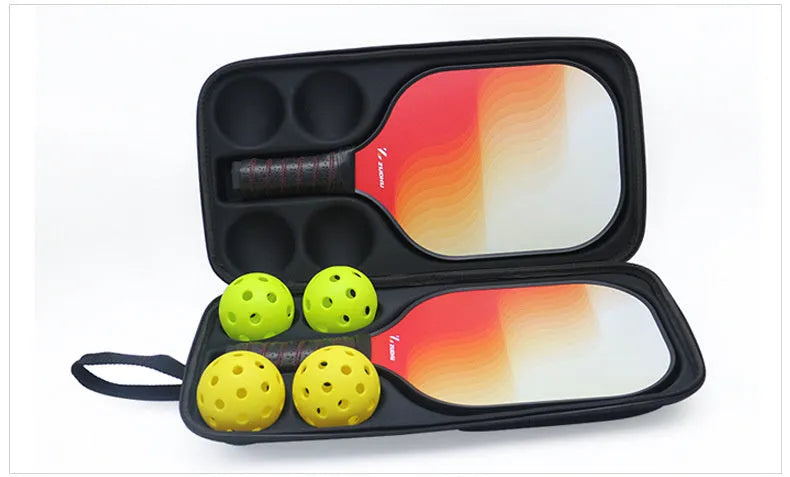 Black EVA pickleball racket carrying case with shoulder straps, showing size and storage for one racket and four balls.