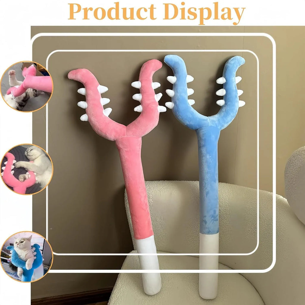70cm blue plush cat wand toy with foam-filled front section for interactive play