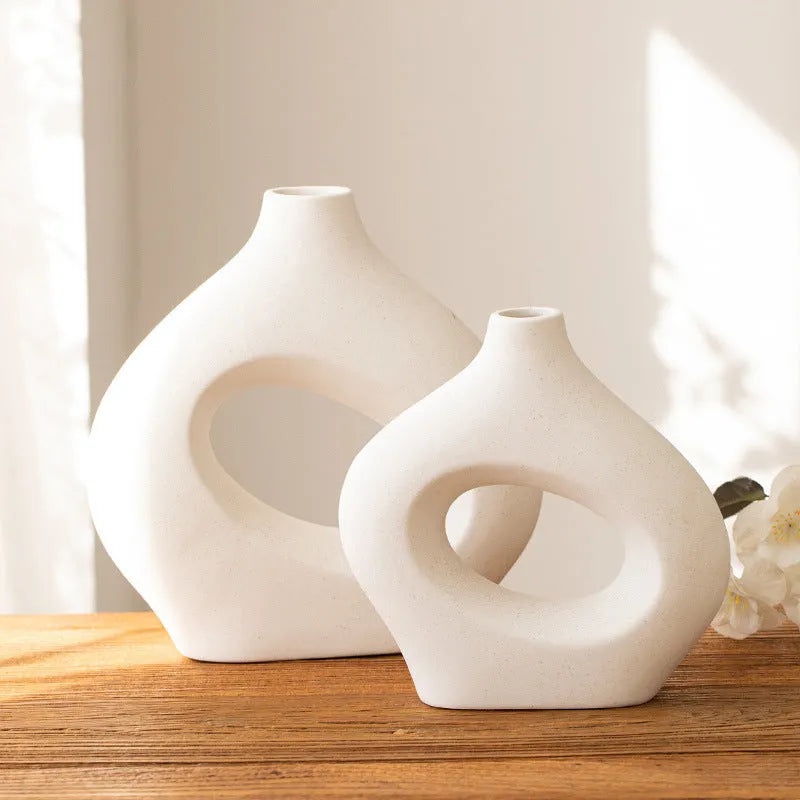 Ceramic circle vase second generation with coloured glaze finish, white large size, on a plain background