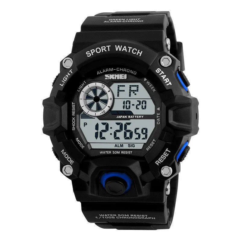 Multifunction electronic mountaineering watch with round dial, plastic strap, and 30m waterproof rating