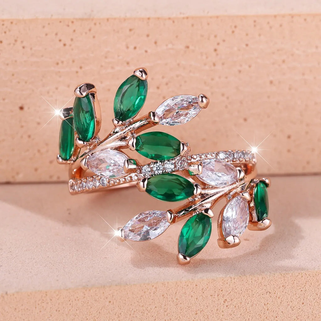 Adjustable copper leaf-shaped ring with zircon stones in multiple colour finish options