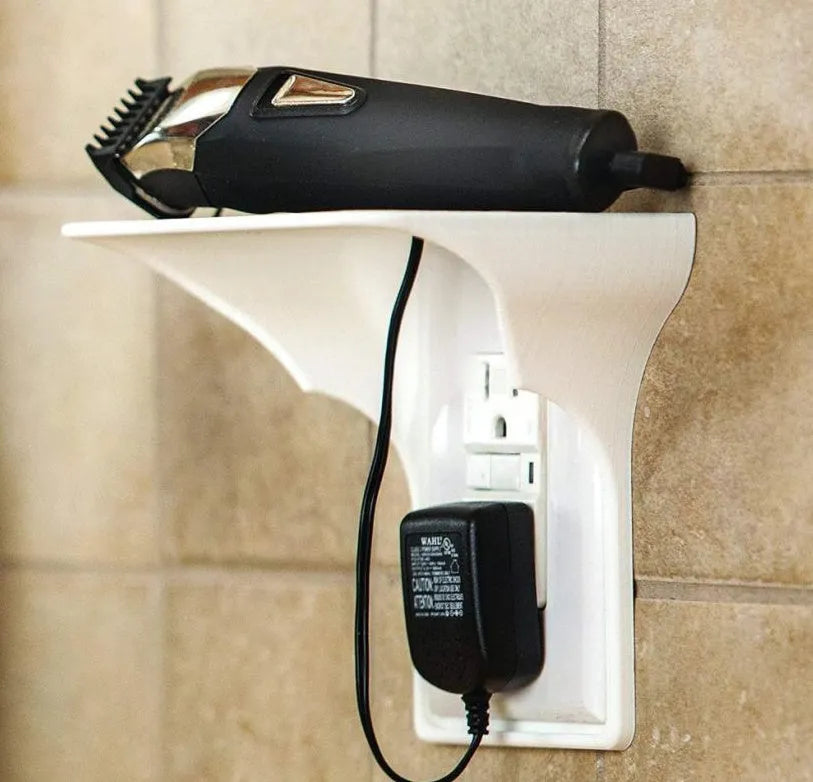 White plastic socket storage rack organiser with 14 cm length, 10 cm width, and 15 cm height.