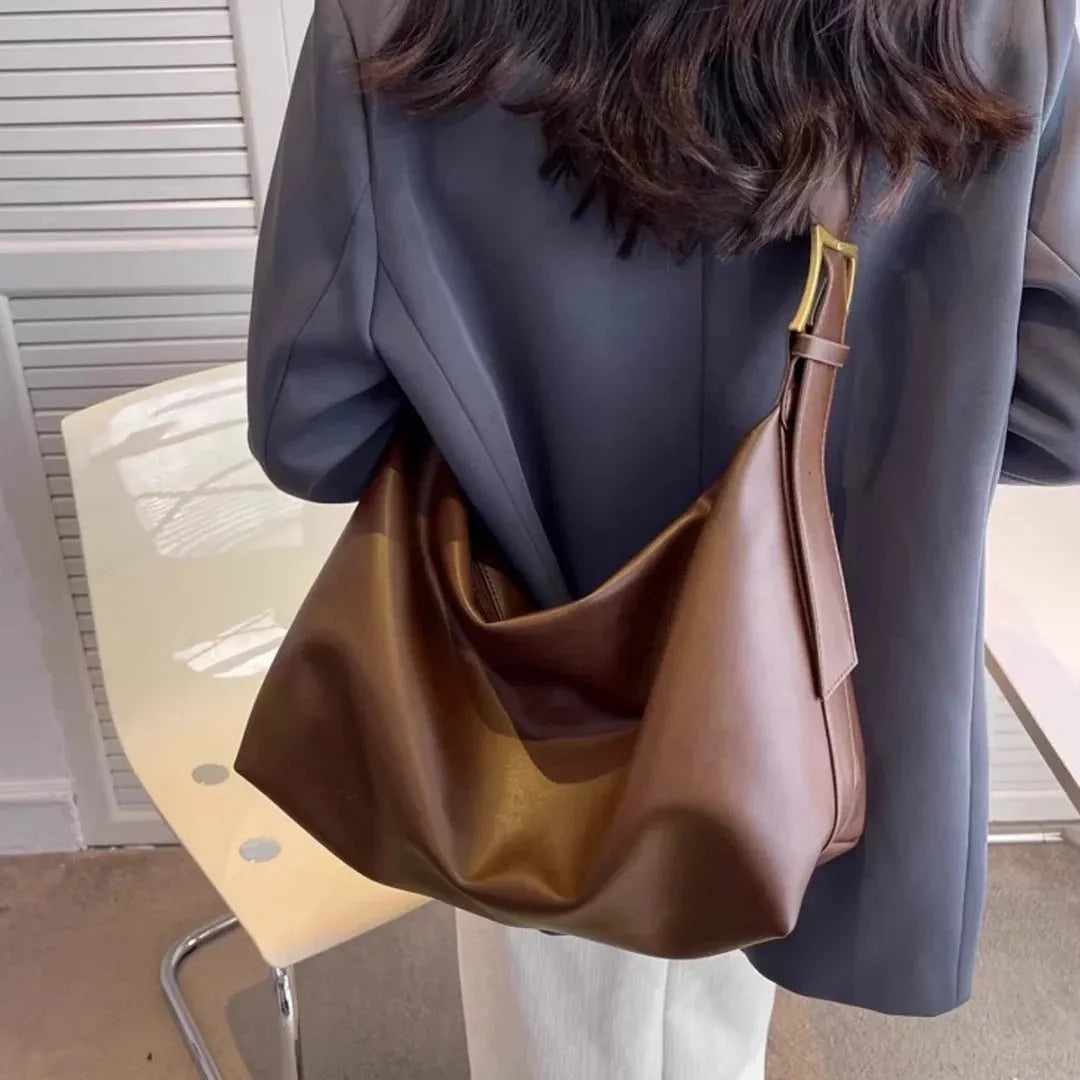 Soft collapse PU one-shoulder large capacity tote bag with sandwich pocket, 35x16.5x25cm, brown colour