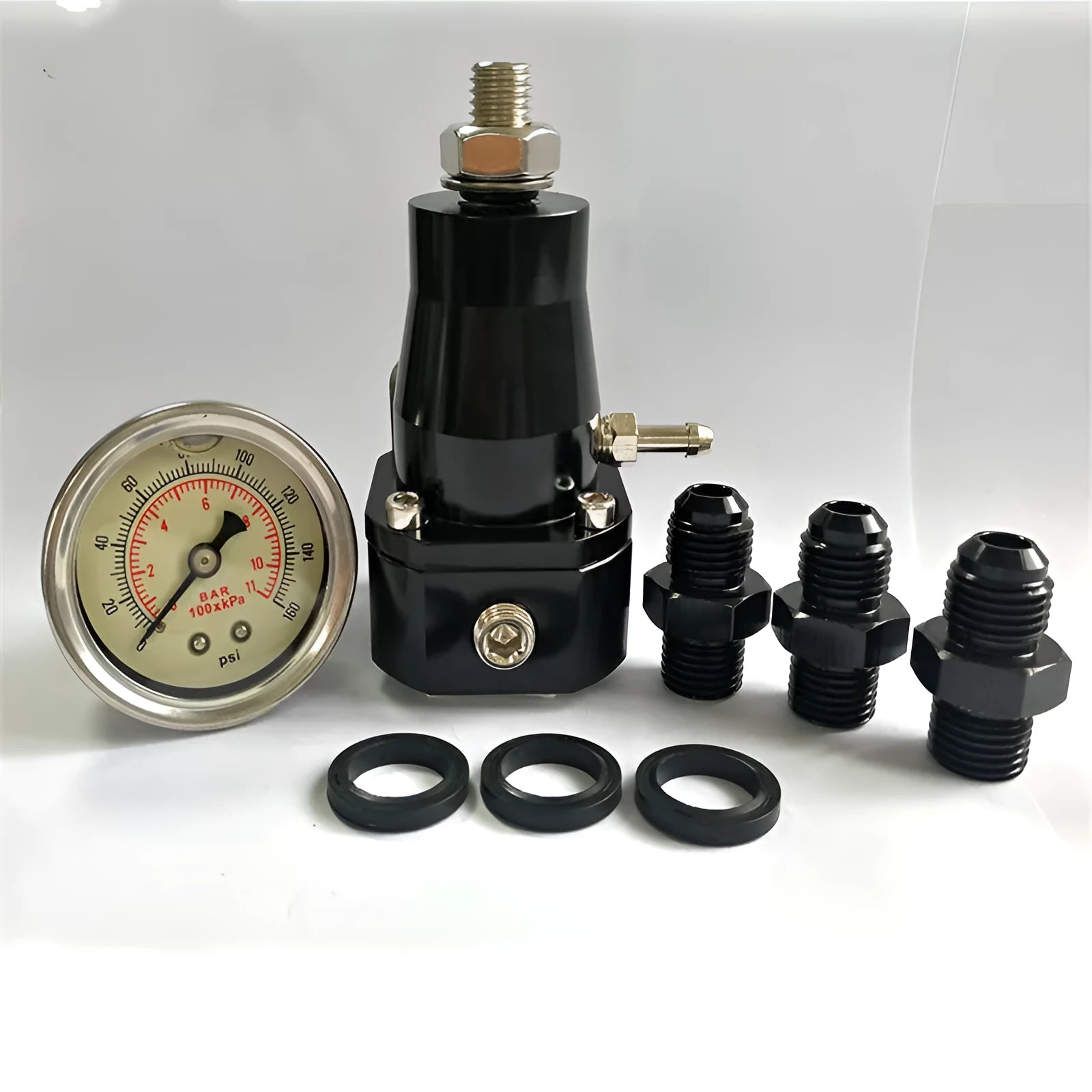 Black CNC aluminium fuel pressure regulator with adjustment dial and oil strap for car fuel systems