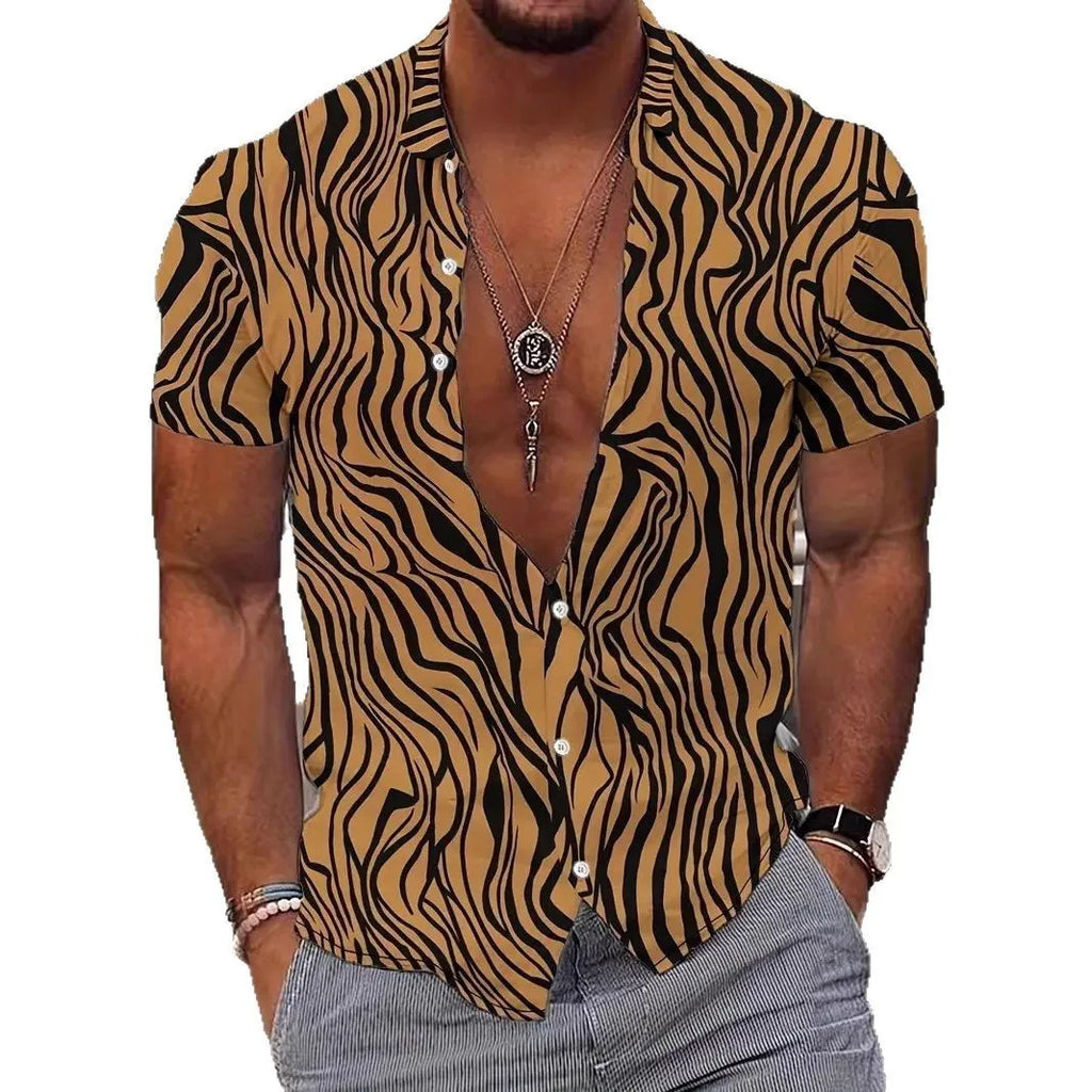 Men's slim fit short sleeve shirt featuring a geometric line style print on a polyester fabric.