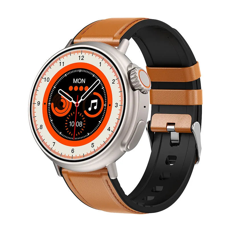K9 smart watch with round screen on silicone strap, showing NFC and health tracking interface