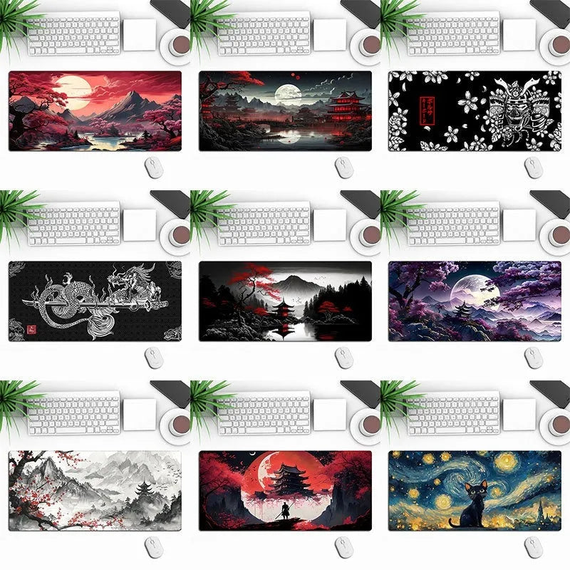 Large custom anime print gaming mouse pad on a desk with keyboard and mouse.