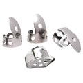 Four silver metal guitar finger stall plectrums laid flat on a surface
