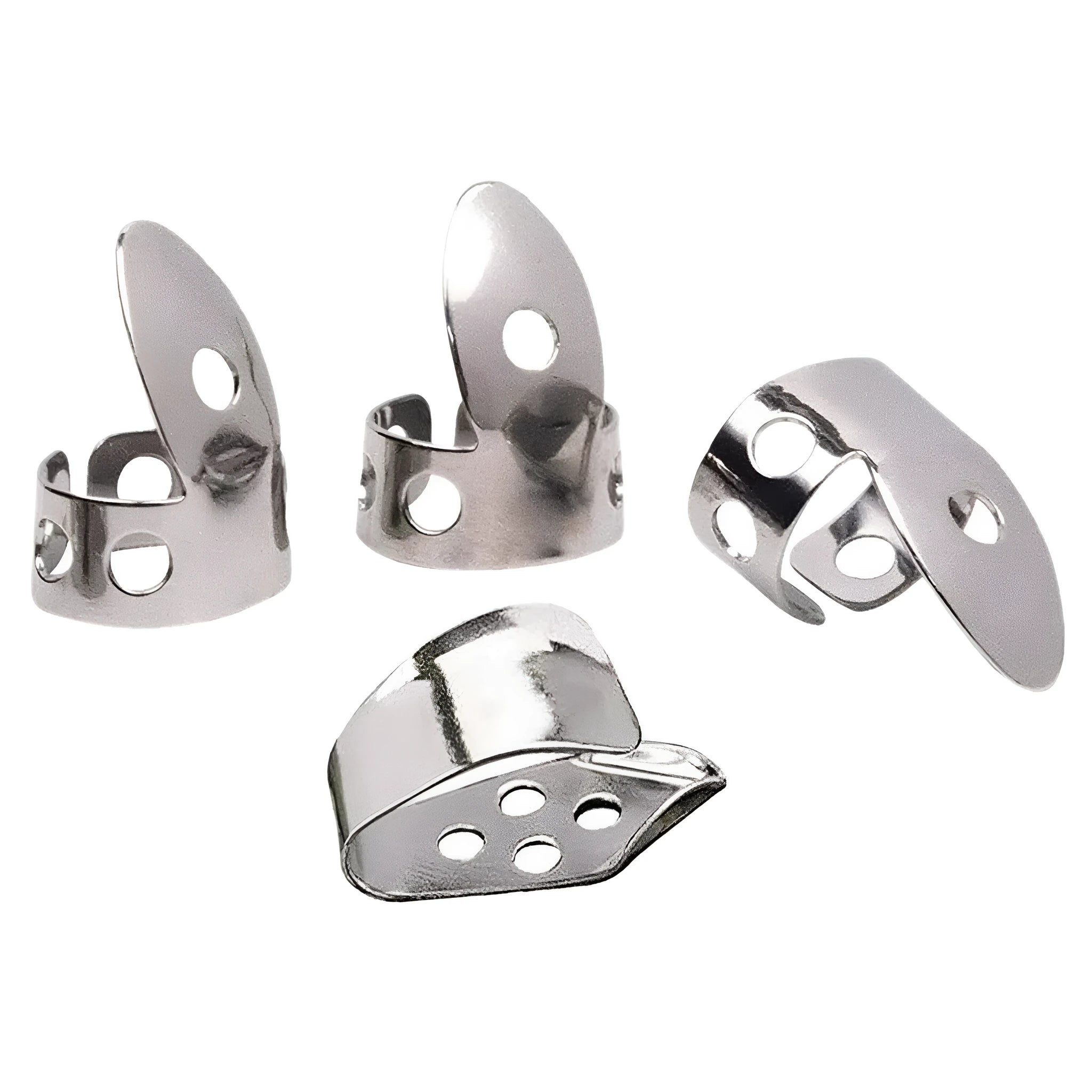 Four silver metal guitar finger stall plectrums laid flat on a surface