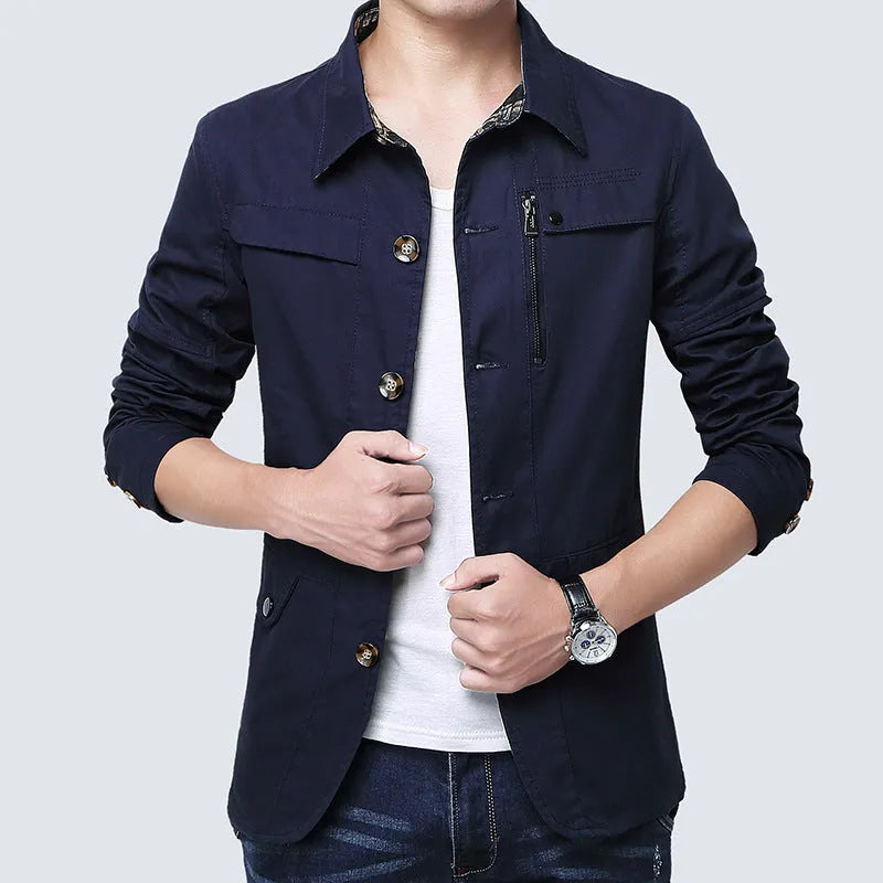 Men's slim thin cotton jacket in Army Green with concealed pockets, 95% cotton, Asian sizing