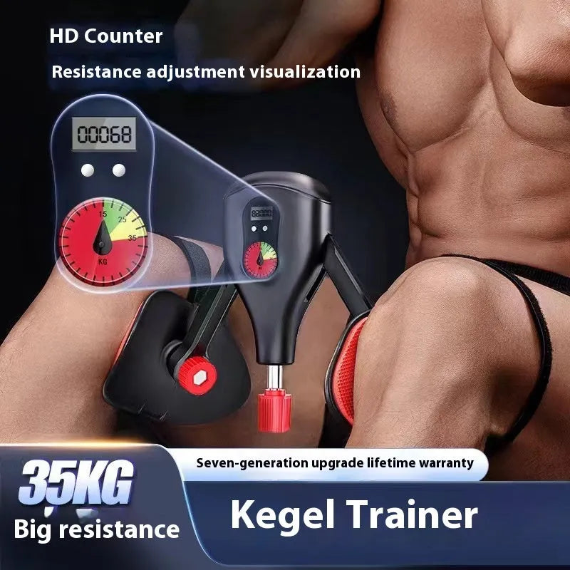Men's black Kegel trainer for PC muscle exercise with optional straps and handle on a grey background.