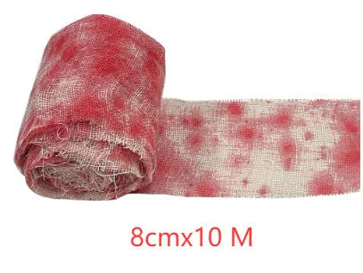 Roll of red polyester horror bandage with bloody print for Halloween decorations and costumes.