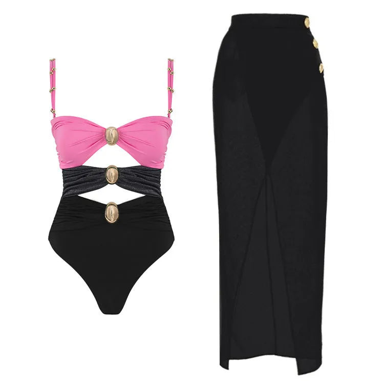 Women's solid-colour one-piece swimsuit with detachable skirt and gold button details in assorted colours.