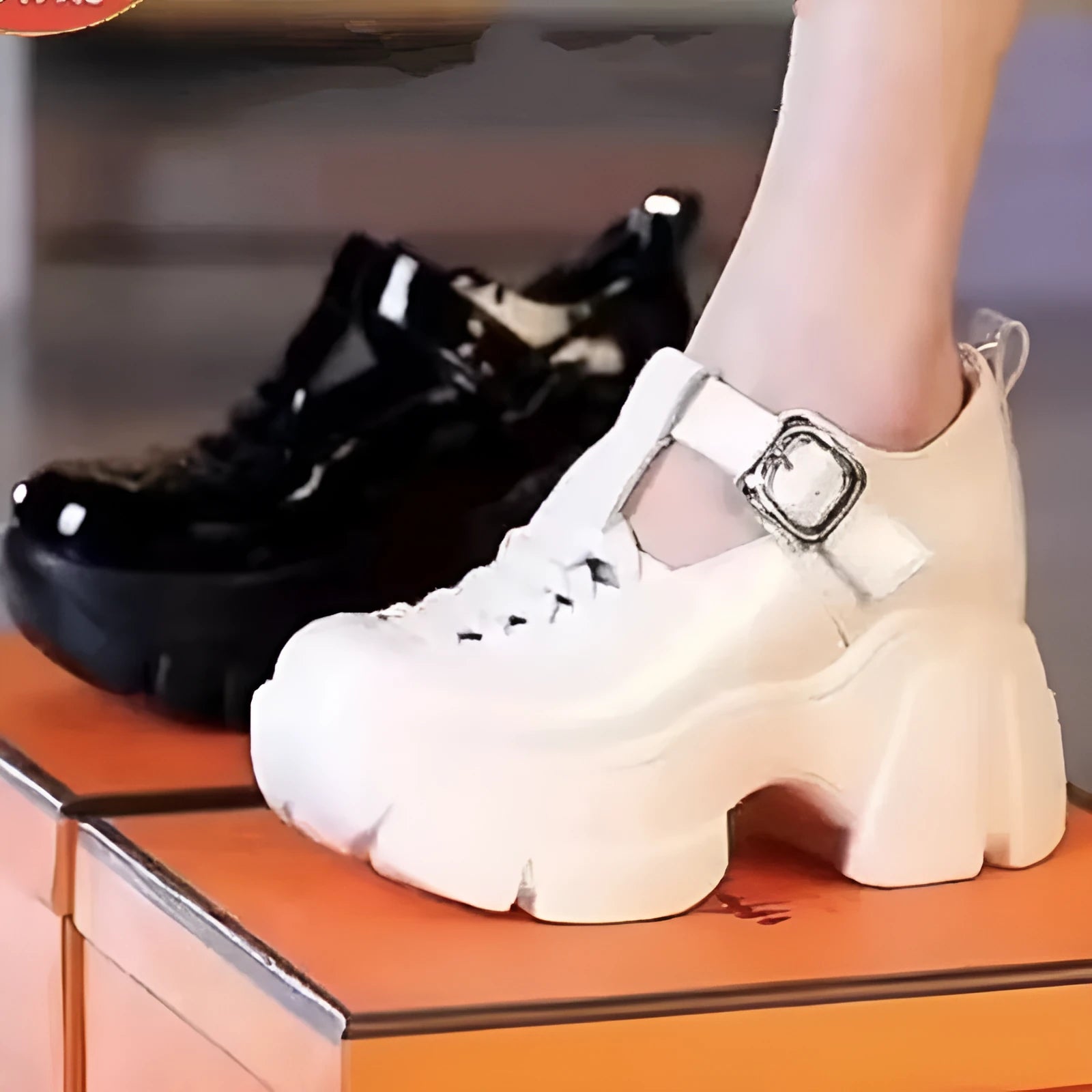 Women's black satin pumps with a skull pattern, chunky wedge heel, and round toe.