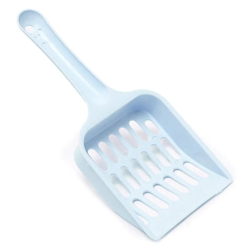 Plastic cat litter scoop in blue, green or pink, showing 20cm length.