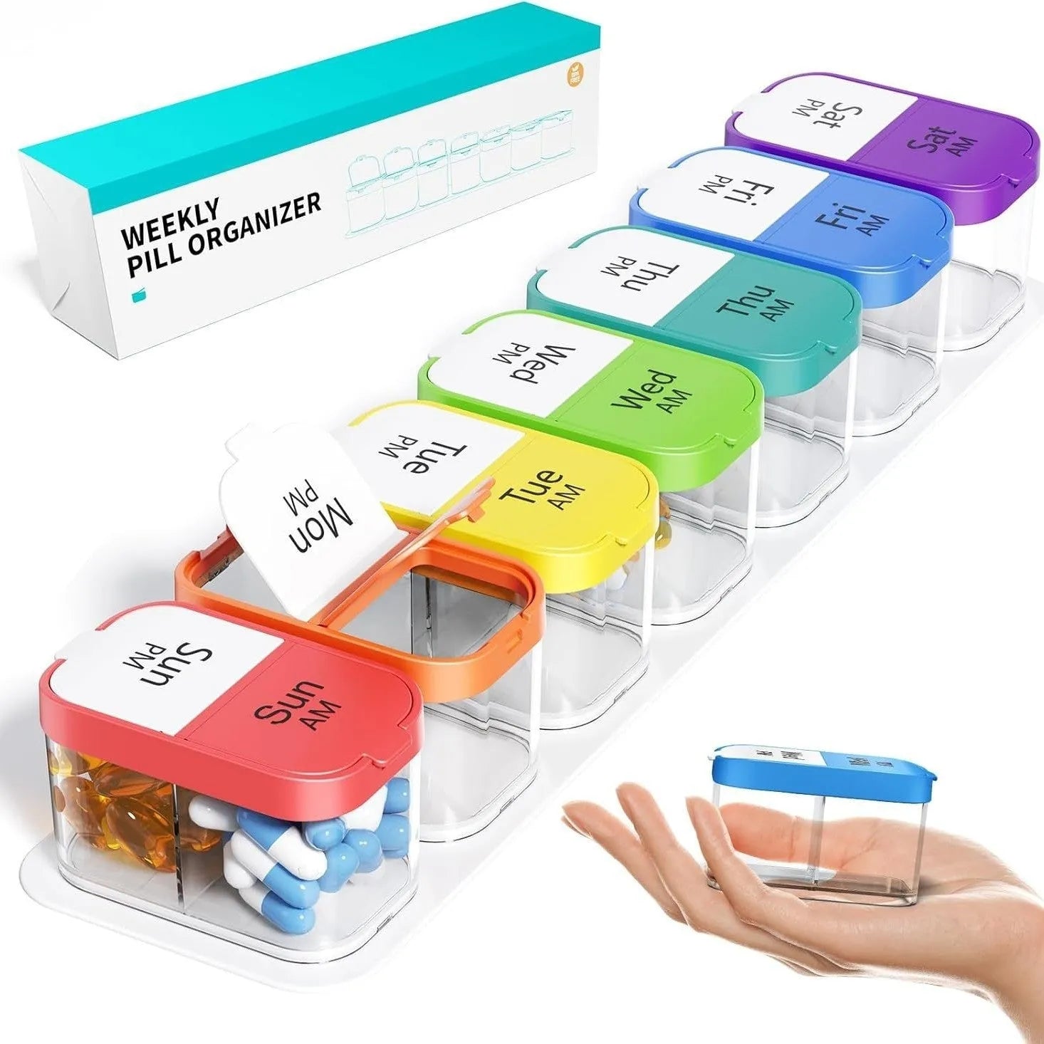 Extra large white or rainbow colour portable pill box with 14 removable compartments for medication organisation