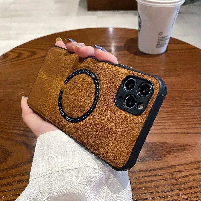 Business magnetic charging iPhone case in black imitation leather showing magnetic charging compatibility