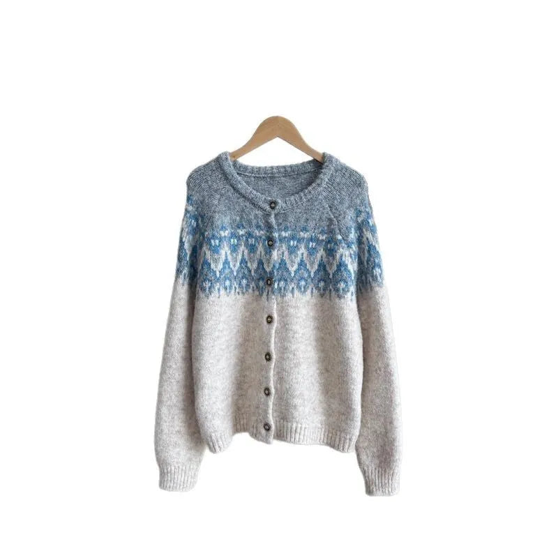 Women's brown jacquard patterned sweater coat with a loose fit and long sleeves.