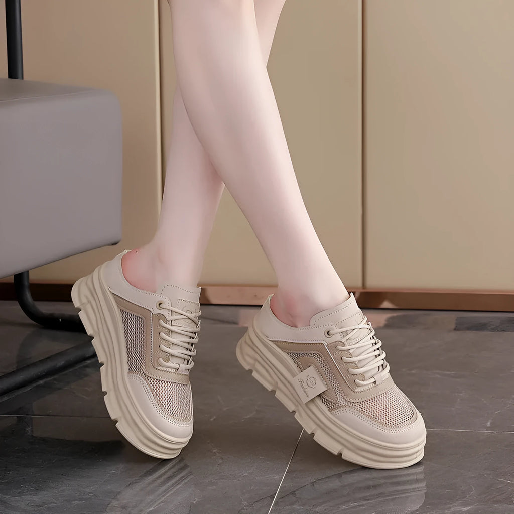 Women's mesh half slippers with height increasing insole in black, khaki or white colours