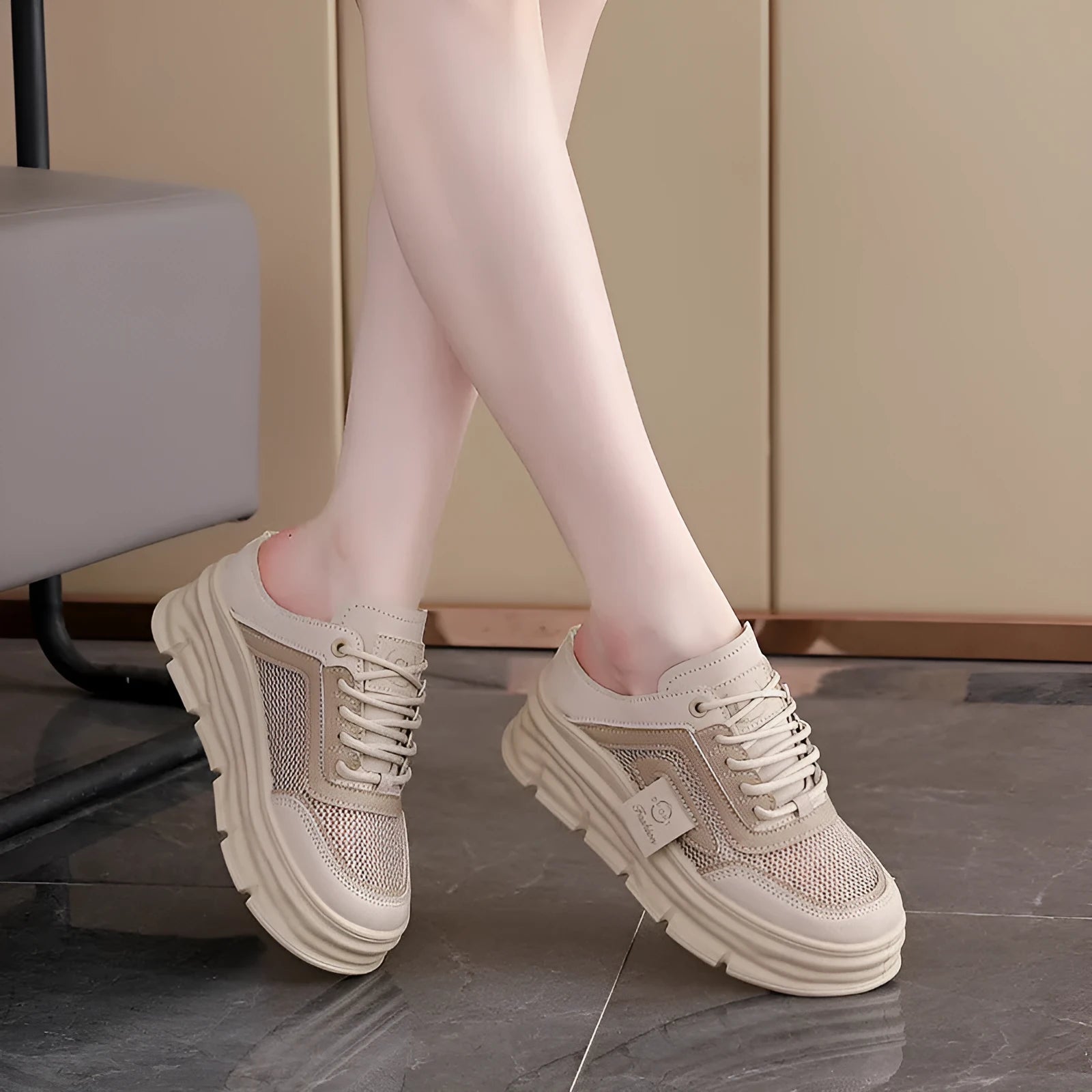 Women's mesh half slippers with height increasing insole in black, khaki or white colours