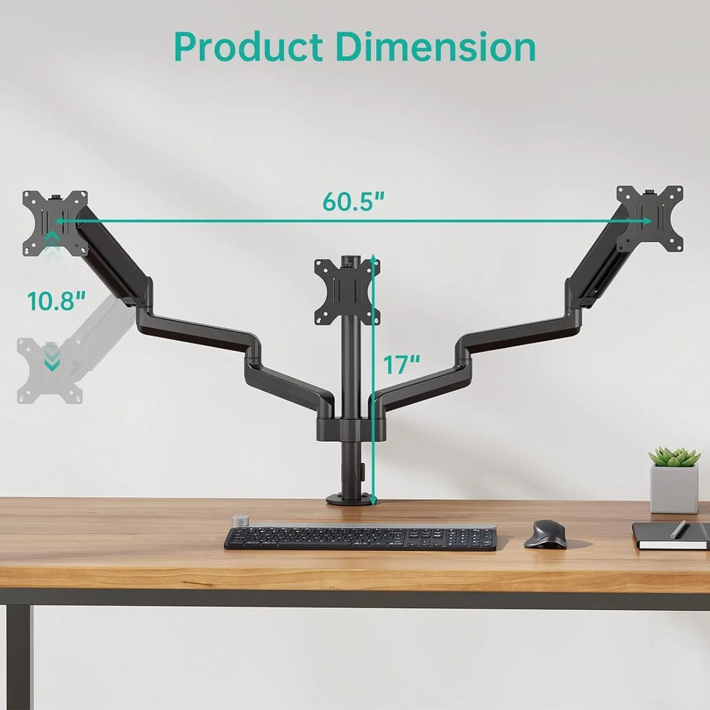 Black aluminium gas spring monitor arm holding 27-inch screen with three-arm construction