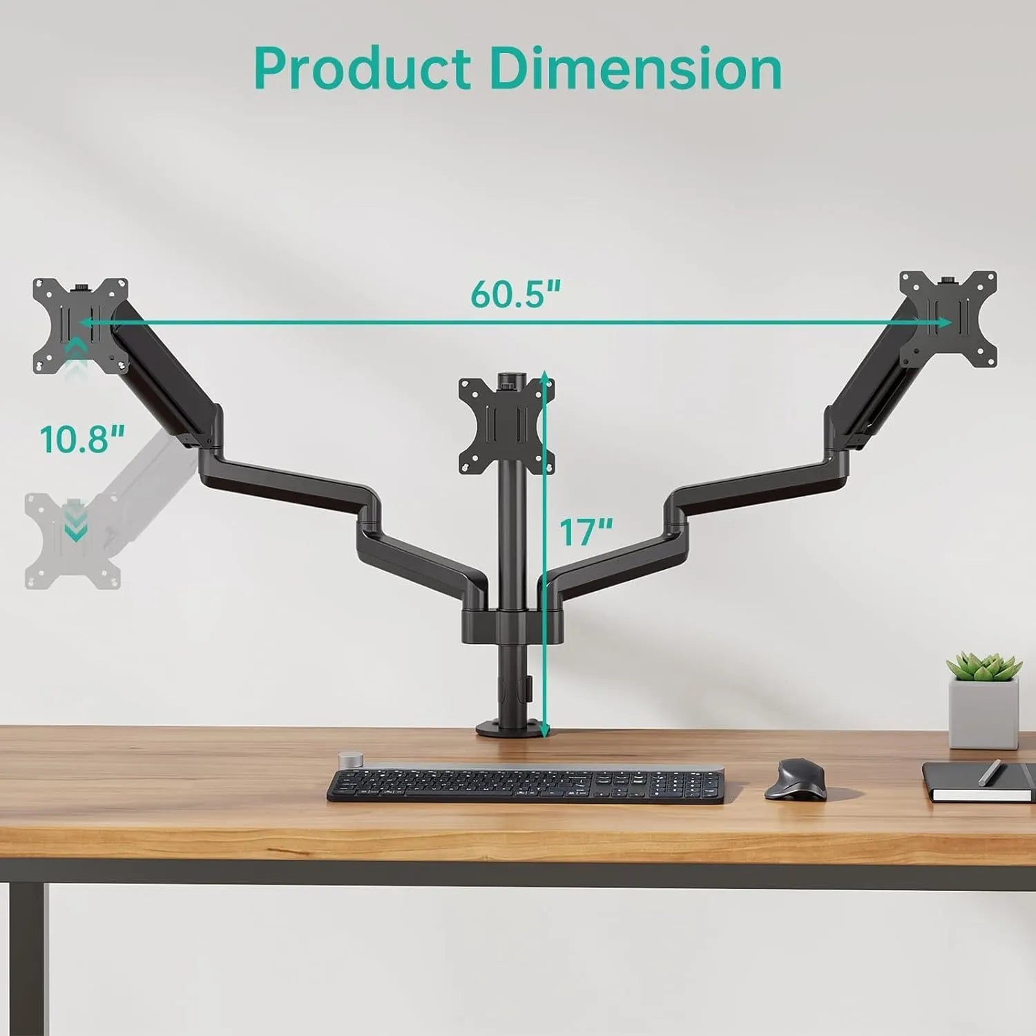Black aluminium gas spring monitor arm holding 27-inch screen with three-arm construction