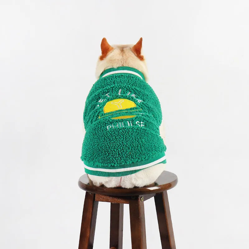 Green fleece-lined cotton dog winter clothing shown in larger size for cold weather walks
