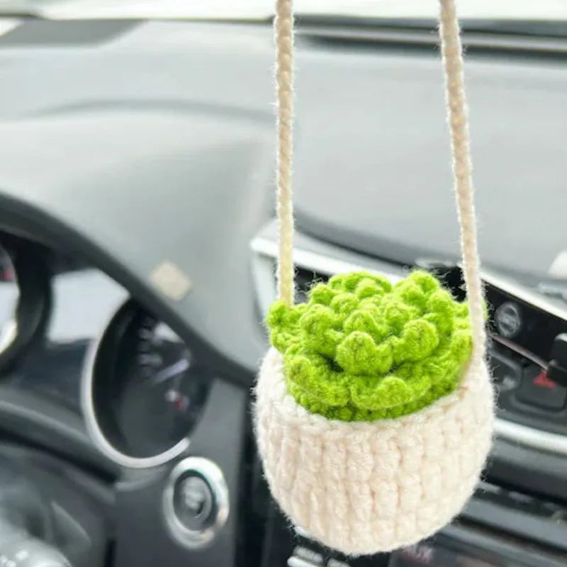 Green and white knitted wool car plant decoration hanging from a rope.