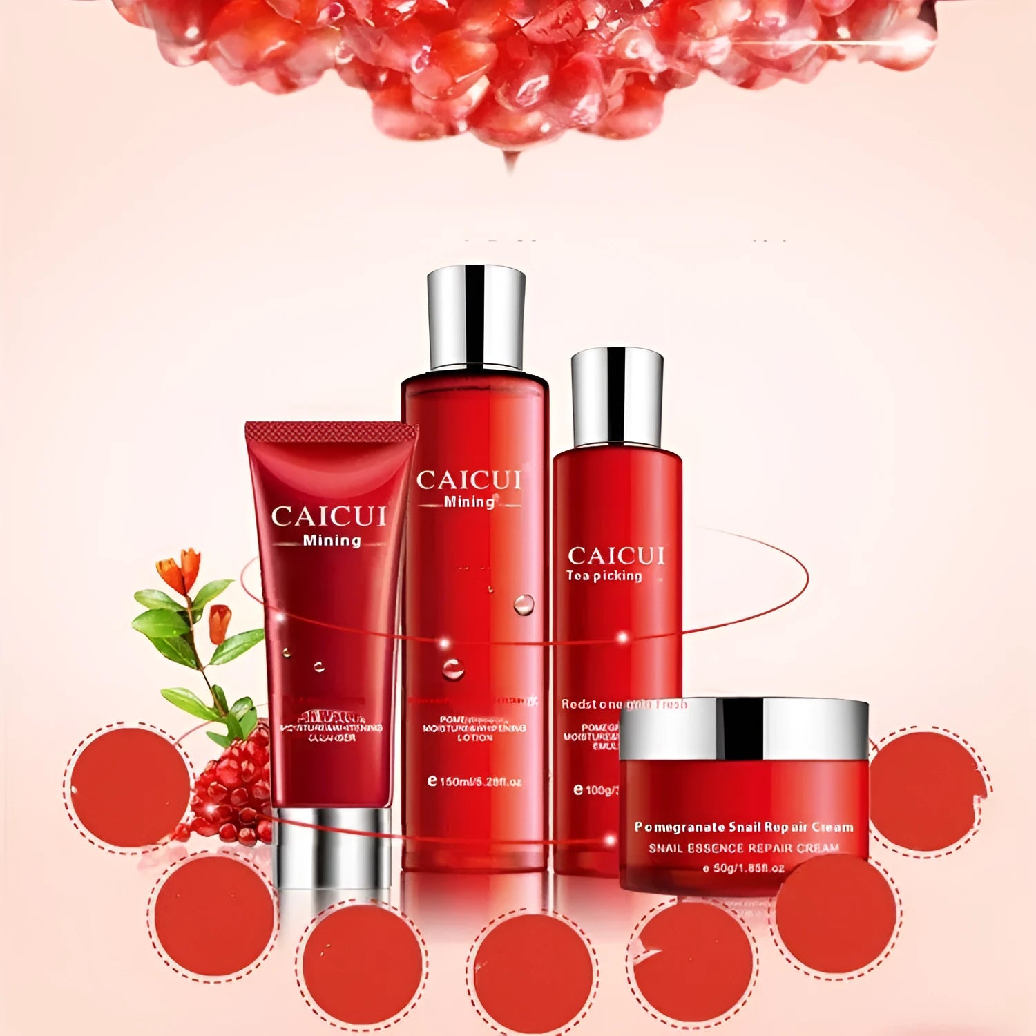 Pomegranate skincare set with four red bottles: cleanser, toner, lotion, and facial cream