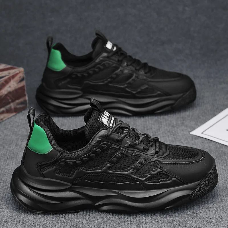 Men's breathable mesh shoes in white or black with round toe and PU construction