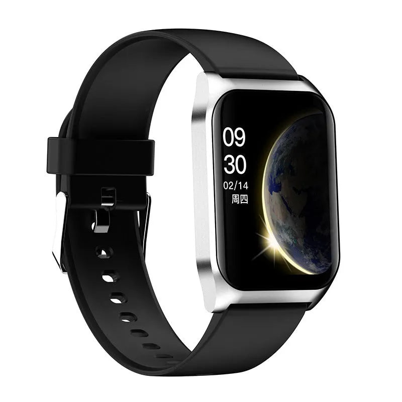 Black Bluetooth smartwatch with 1.69-inch display showing heart rate monitoring interface